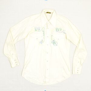 Tem Tex Men Western Pearl Snap Shirt Polyester Beige Size 15 / 35 VtG Stained